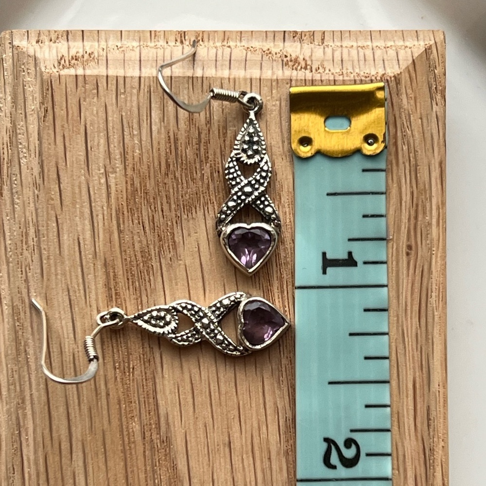Heart Dangle Earrings Vintage Sterling Silver Purple Stones 925 NOS - Picture 4 of 4
